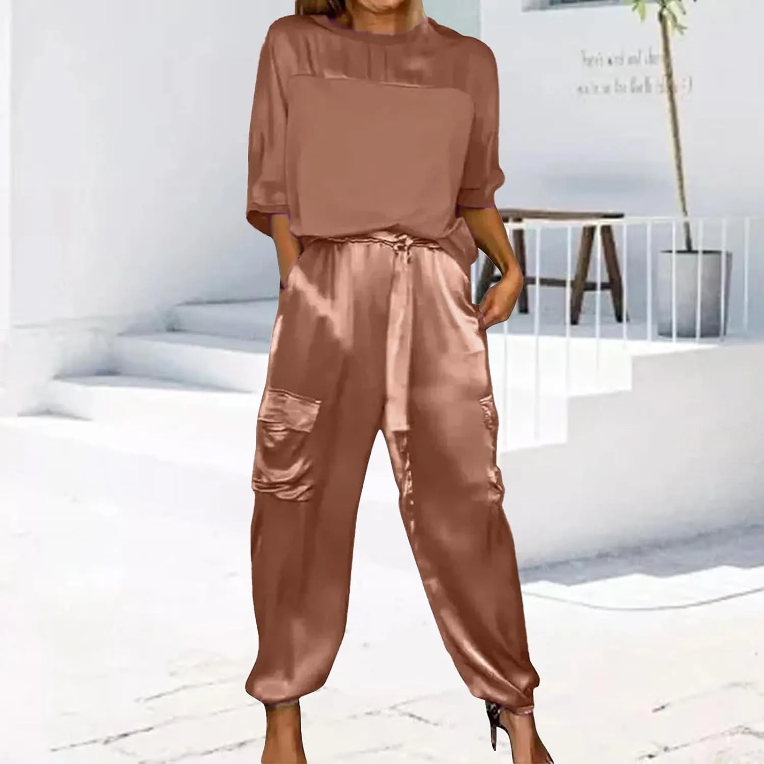 2 Piece Pant Sets for Women Comfy Satin Crew Neck Half Sleeve Tops Drawstring Pants Outfits Casual Loose Loungewear