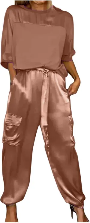 2 Piece Pant Sets for Women Comfy Satin Crew Neck Half Sleeve Tops Drawstring Pants Outfits Casual Loose Loungewear