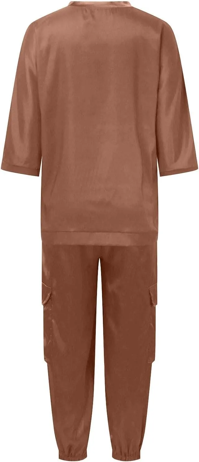 2 Piece Pant Sets for Women Comfy Satin Crew Neck Half Sleeve Tops Drawstring Pants Outfits Casual Loose Loungewear