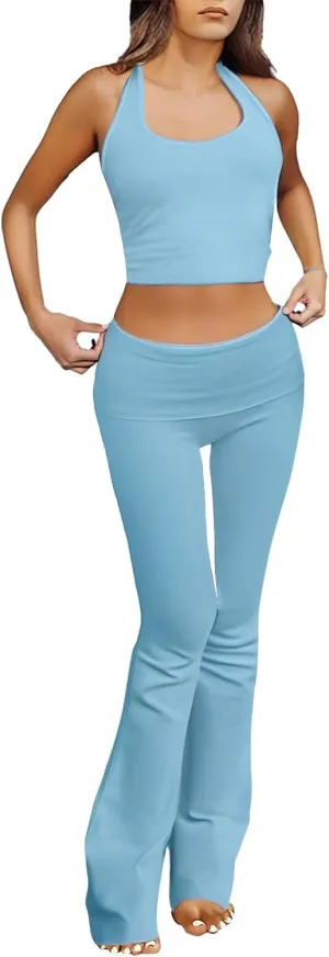 2 Piece Pant Sets for Women Summer Slim Fit U Neck Sleeveless Crop Tops Tummy Control Wide Leg Pant Tracksuit Outfit