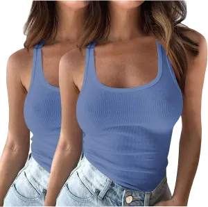 2PC Plus Size Tank Tops for Women Sexy Ribbed Workout Exercise Shirts Plus Size Slim Fit Sleeveless Basic Camis