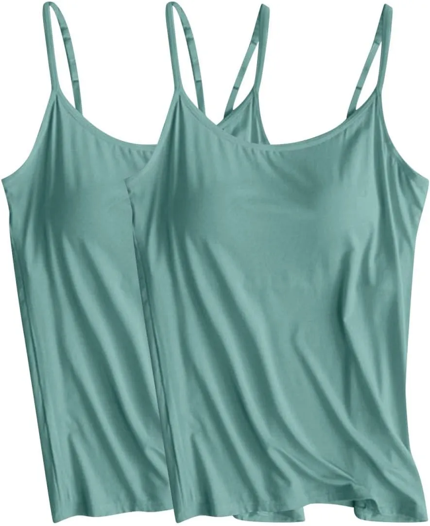 2Pcs Comfy Soft Camisoles Womens Built in Bra Yoga Pajamas Sleeveless Tank Tops Summer Modal Spaghetti Straps Camis
