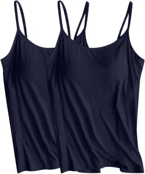 2Pcs Comfy Soft Camisoles Womens Built in Bra Yoga Pajamas Sleeveless Tank Tops Summer Modal Spaghetti Straps Camis