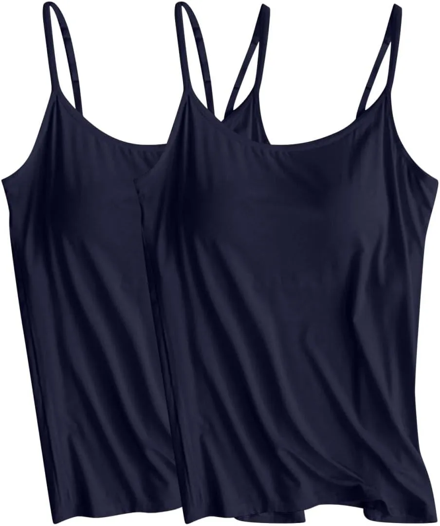 2Pcs Comfy Soft Camisoles Womens Built in Bra Yoga Pajamas Sleeveless Tank Tops Summer Modal Spaghetti Straps Camis