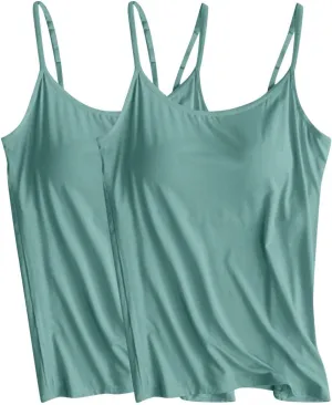 2Pcs Comfy Soft Camisoles Womens Built in Bra Yoga Pajamas Sleeveless Tank Tops Summer Modal Spaghetti Straps Camis