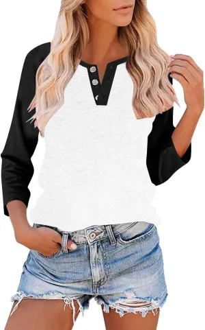 3/4 Length Sleeves Tops for Womens Plus Size Comfy V-Neck Button Color Blocked T-Shirts Loose Casual Tunic Top