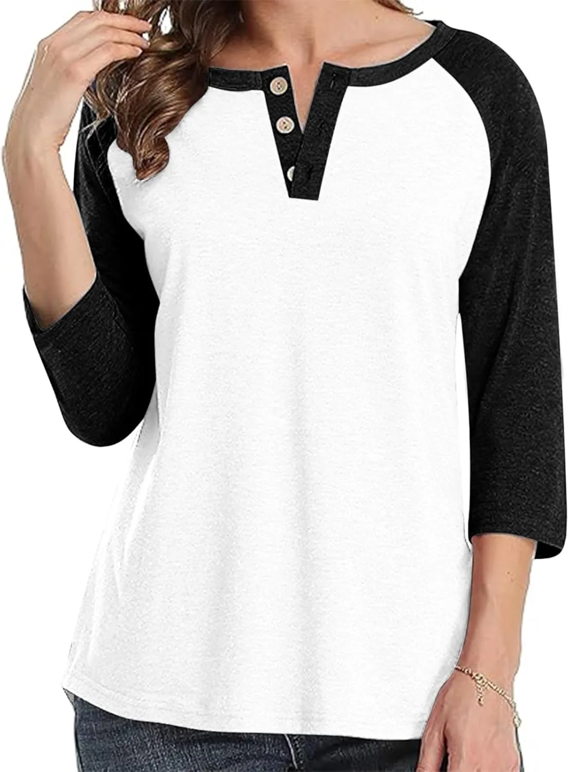 3/4 Length Sleeves Tops for Womens Plus Size Comfy V-Neck Button Color Blocked T-Shirts Loose Casual Tunic Top