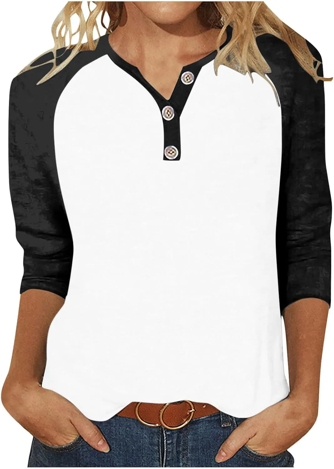 3/4 Length Sleeves Tops for Womens Plus Size Comfy V-Neck Button Color Blocked T-Shirts Loose Casual Tunic Top