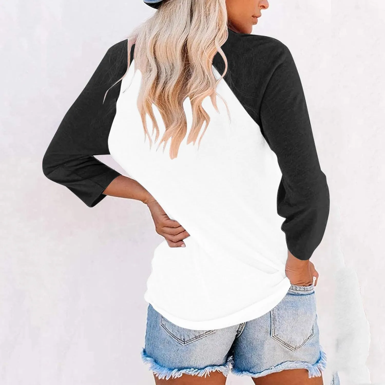 3/4 Length Sleeves Tops for Womens Plus Size Comfy V-Neck Button Color Blocked T-Shirts Loose Casual Tunic Top