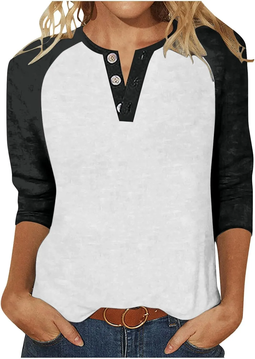3/4 Length Sleeves Tops for Womens Plus Size Comfy V-Neck Button Color Blocked T-Shirts Loose Casual Tunic Top