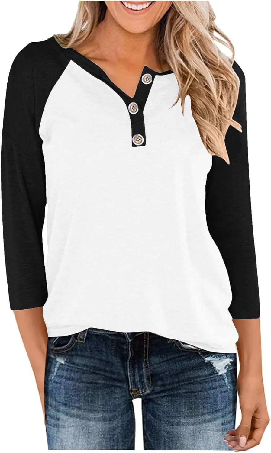 3/4 Length Sleeves Tops for Womens Plus Size Comfy V-Neck Button Color Blocked T-Shirts Loose Casual Tunic Top