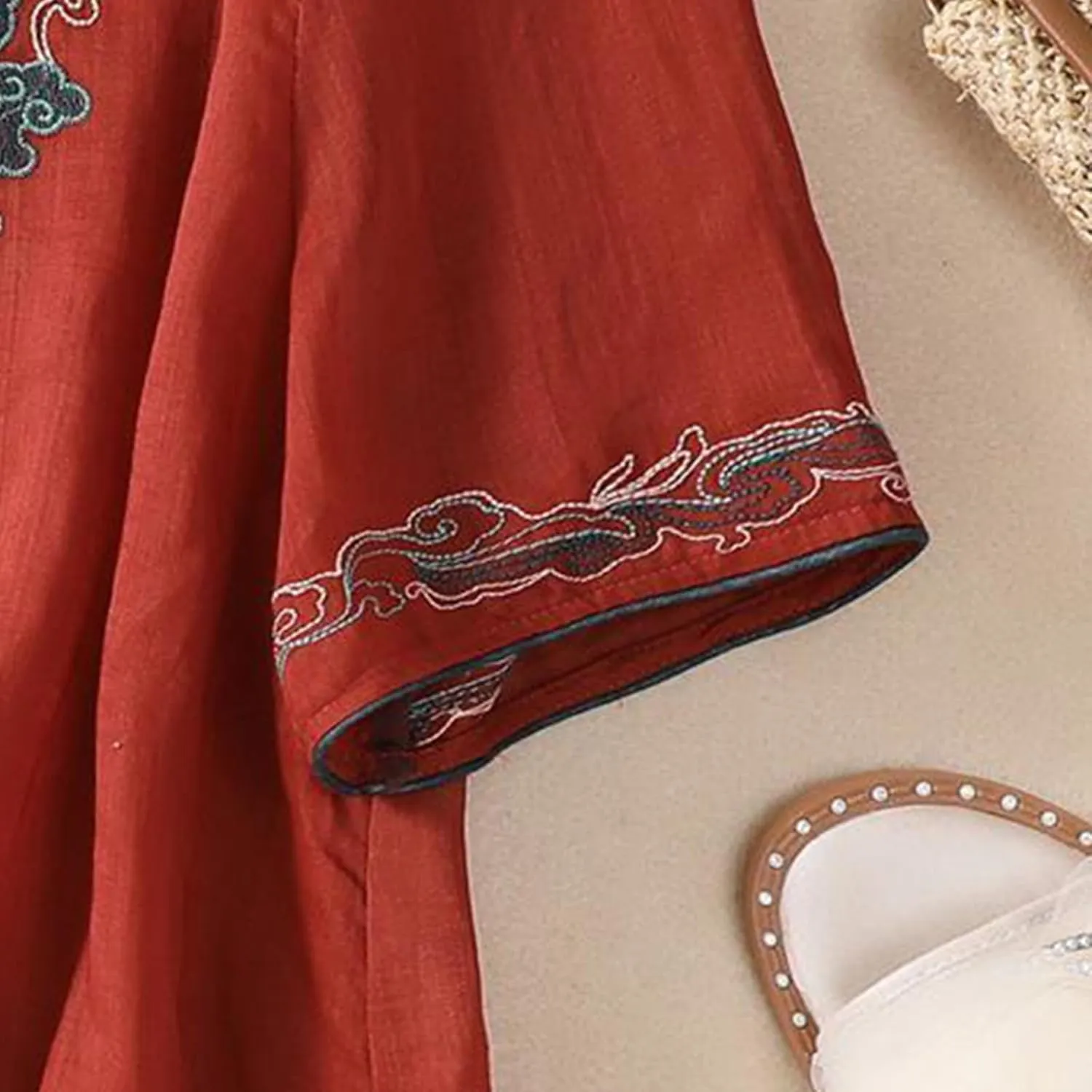 3/4 Sleeve Cotton Linen Shirts for Women 2025 Summer Boho Floral Embroidered Loose V Neck Tops Chinese Frog Blouses