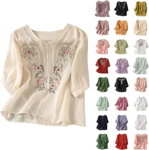 3/4 Sleeve Cotton Linen Shirts for Women 2025 Summer Boho Floral Embroidered Loose V Neck Tops Chinese Frog Blouses