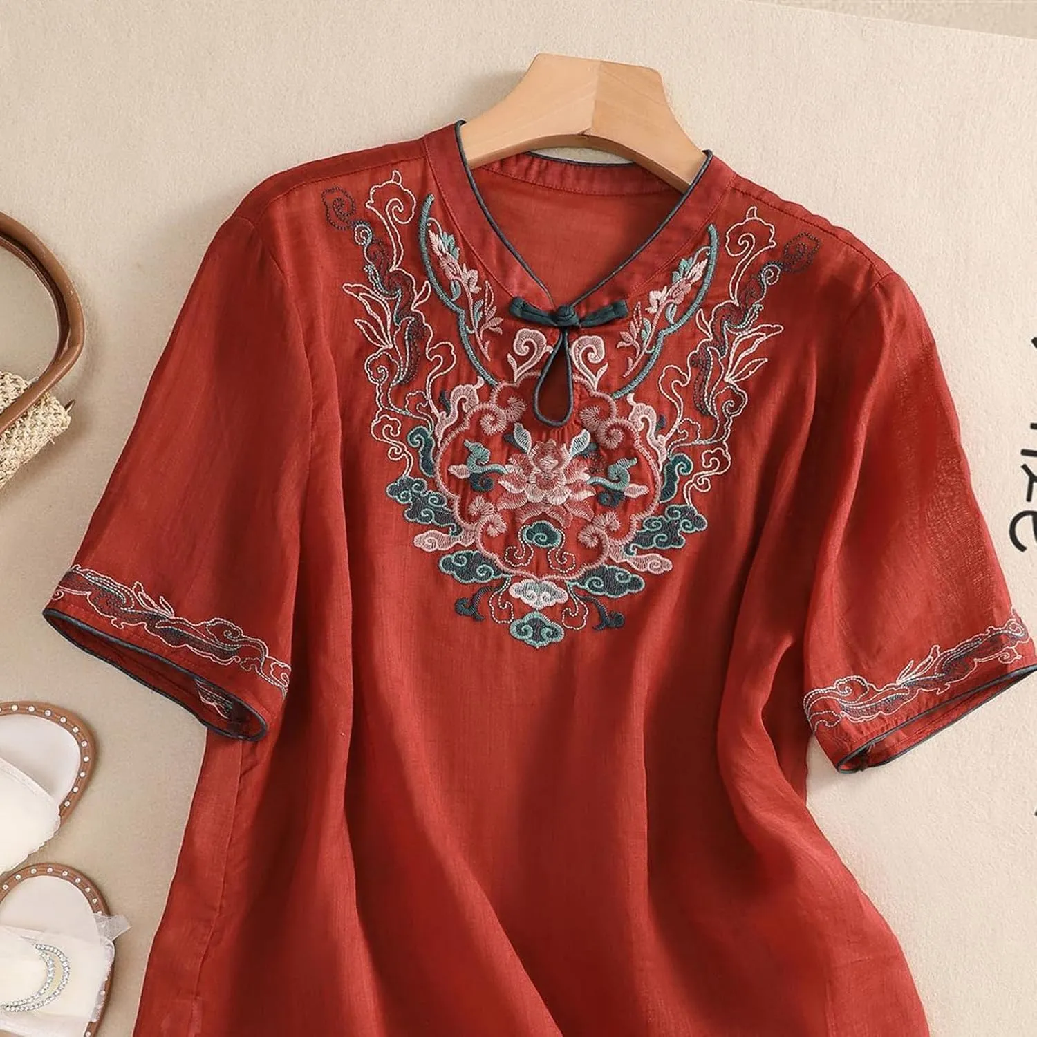 3/4 Sleeve Cotton Linen Shirts for Women 2025 Summer Boho Floral Embroidered Loose V Neck Tops Chinese Frog Blouses