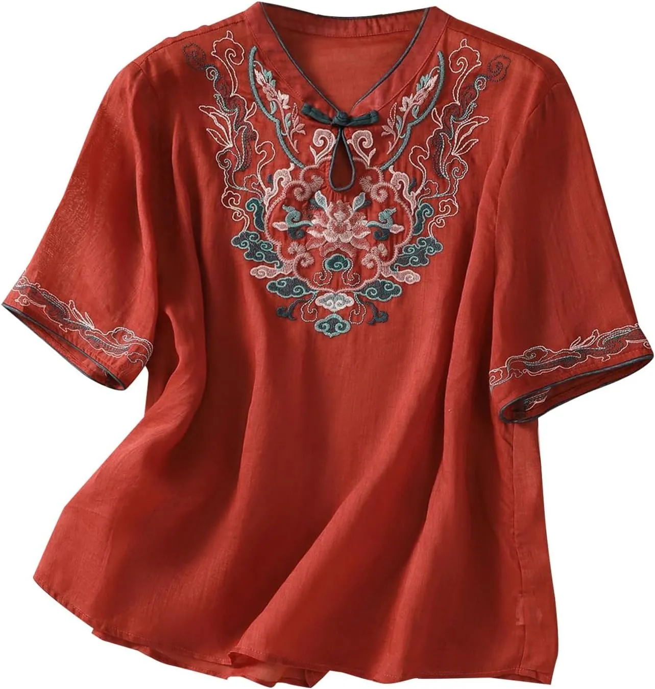 3/4 Sleeve Cotton Linen Shirts for Women 2025 Summer Boho Floral Embroidered Loose V Neck Tops Chinese Frog Blouses