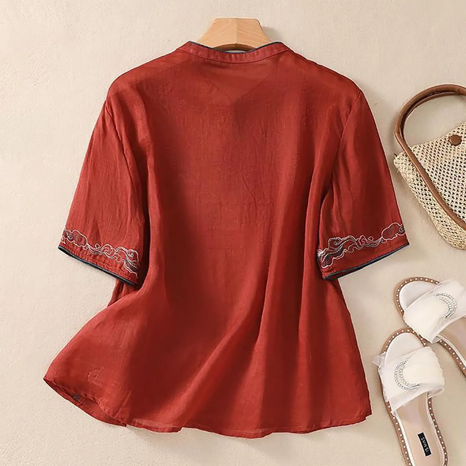 3/4 Sleeve Cotton Linen Shirts for Women 2025 Summer Boho Floral Embroidered Loose V Neck Tops Chinese Frog Blouses