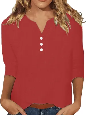 3/4 Sleeve Cotton Linen Tops for Women 2025 Loose Notched V Neck Button Down Henley Shirts Summer Beach Tee Tunic Blouse