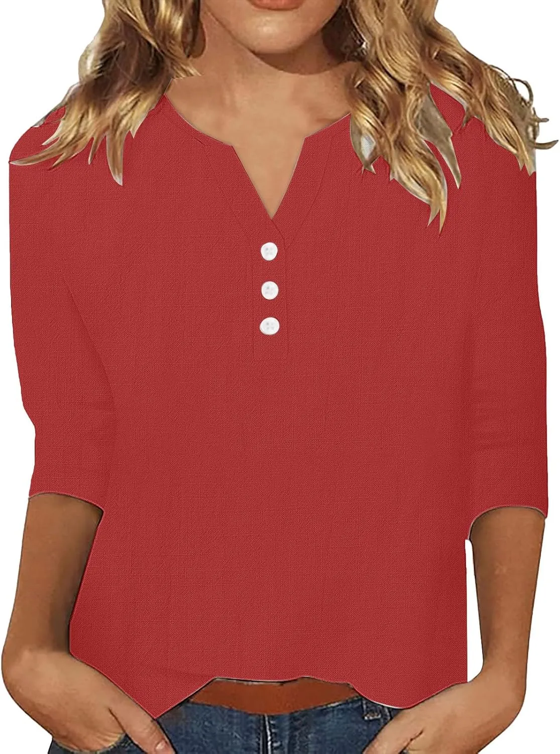3/4 Sleeve Cotton Linen Tops for Women 2025 Loose Notched V Neck Button Down Henley Shirts Summer Beach Tee Tunic Blouse