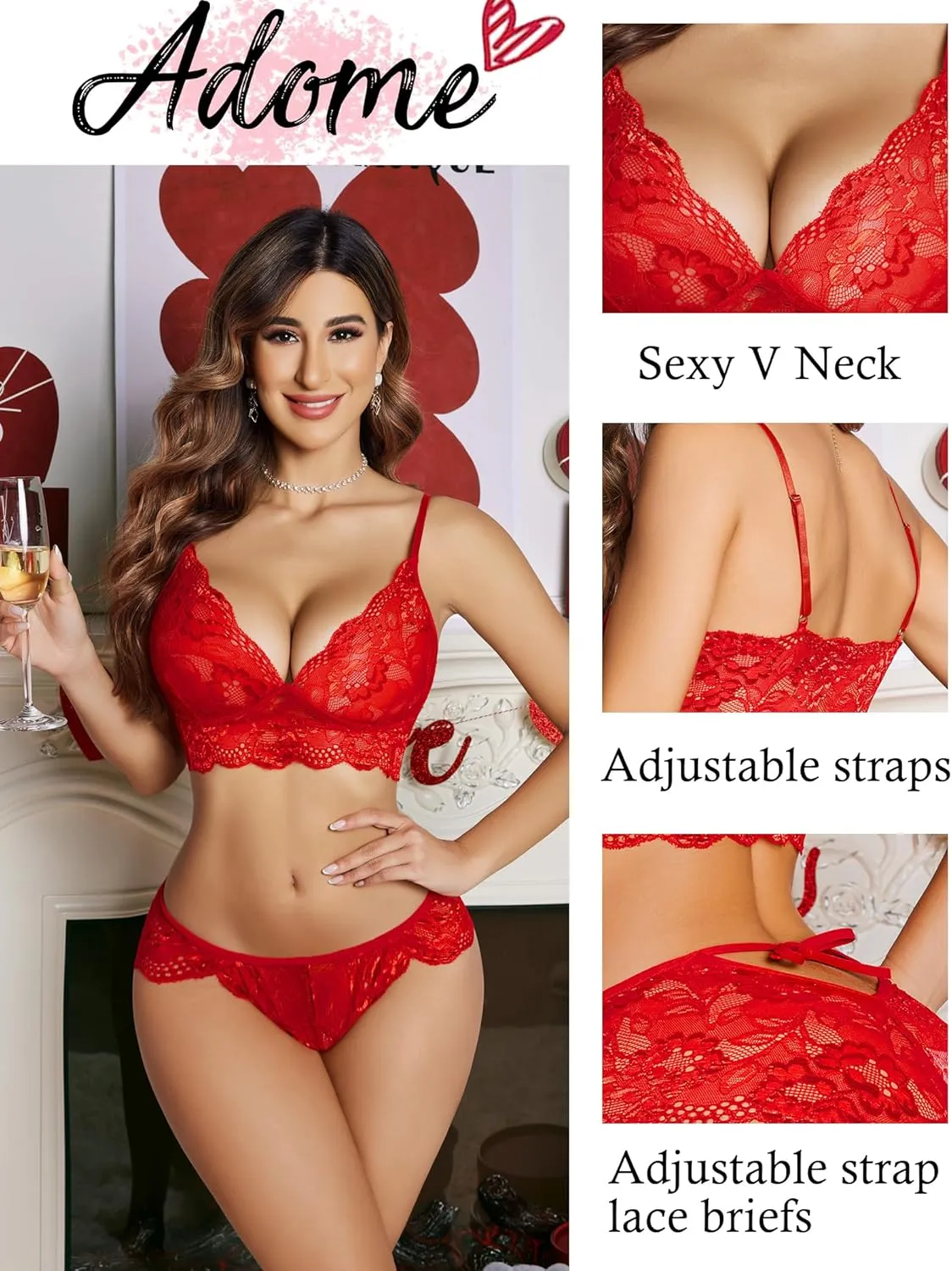 ADOME Women's Lace Lingerie Bra and Panty Set Strappy Babydoll Bodysuit S-XXL