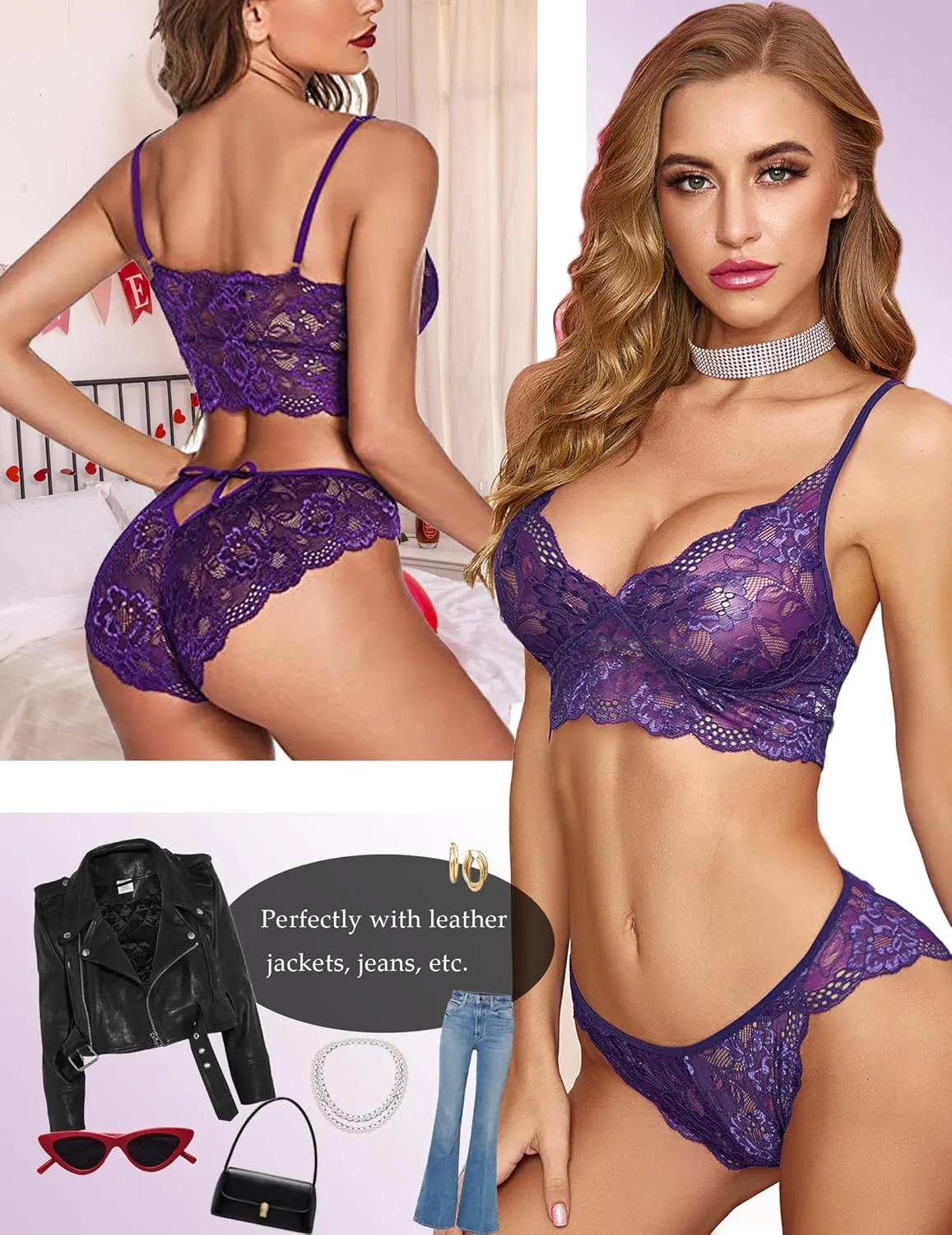 ADOME Women's Lace Lingerie Bra and Panty Set Strappy Babydoll Bodysuit S-XXL