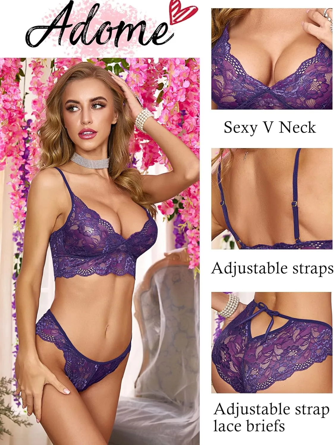 ADOME Women's Lace Lingerie Bra and Panty Set Strappy Babydoll Bodysuit S-XXL