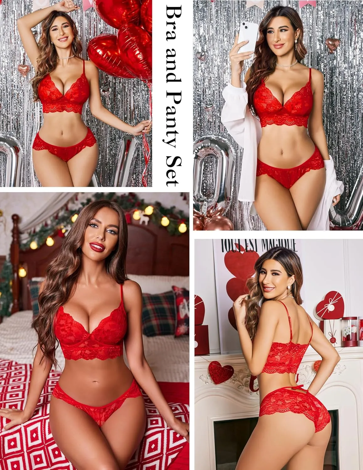 ADOME Women's Lace Lingerie Bra and Panty Set Strappy Babydoll Bodysuit S-XXL