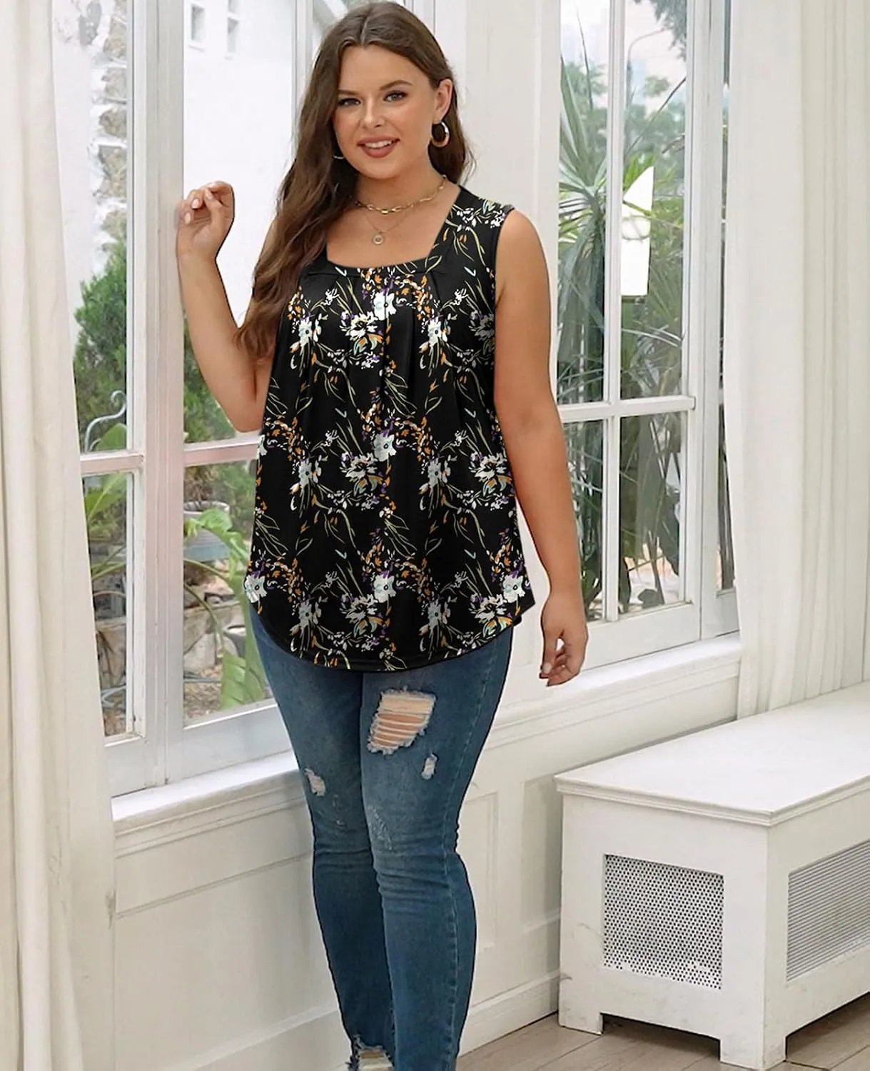 AGSEEM Summer Tank Tops for Women Loose Fit Pleated Square Neck Sleeveless Tops Curved Hem Flowy