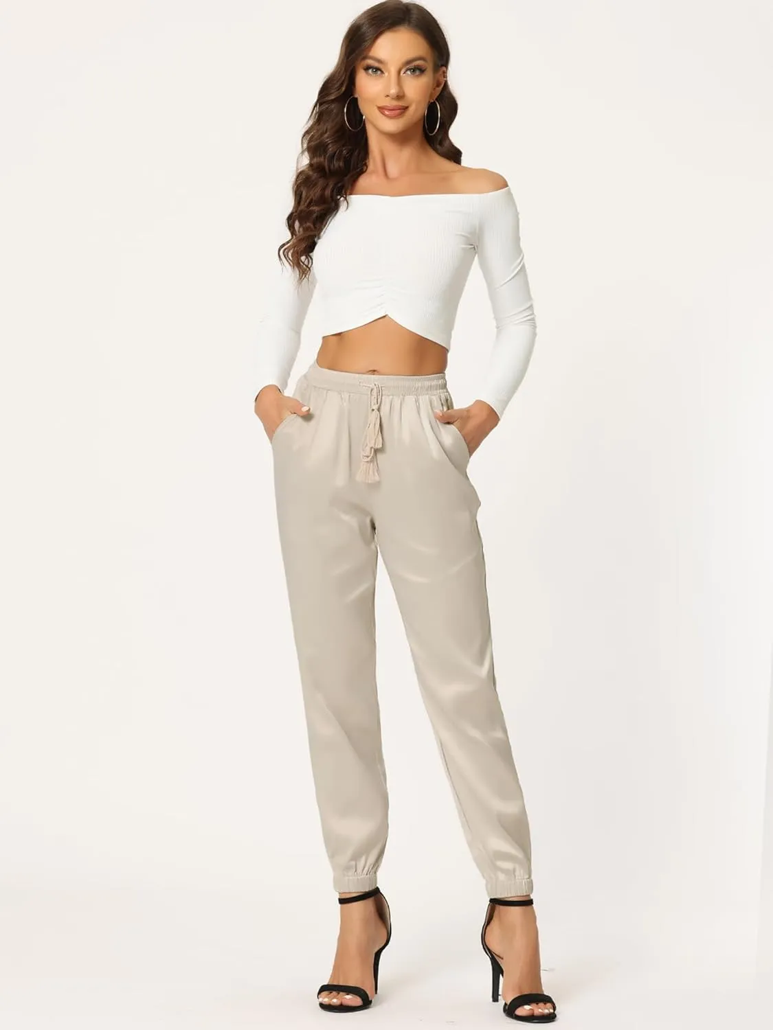 Allegra K Women's Drawstring Elastic Waist Athleisure Pants Casual Ankle Length Satin Joggers with Pocket