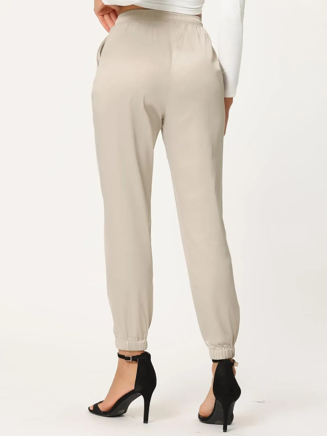 Allegra K Women's Drawstring Elastic Waist Athleisure Pants Casual Ankle Length Satin Joggers with Pocket