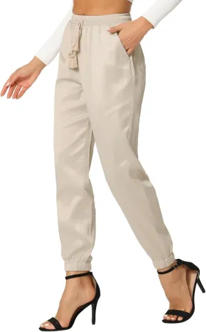 Allegra K Women's Drawstring Elastic Waist Athleisure Pants Casual Ankle Length Satin Joggers with Pocket