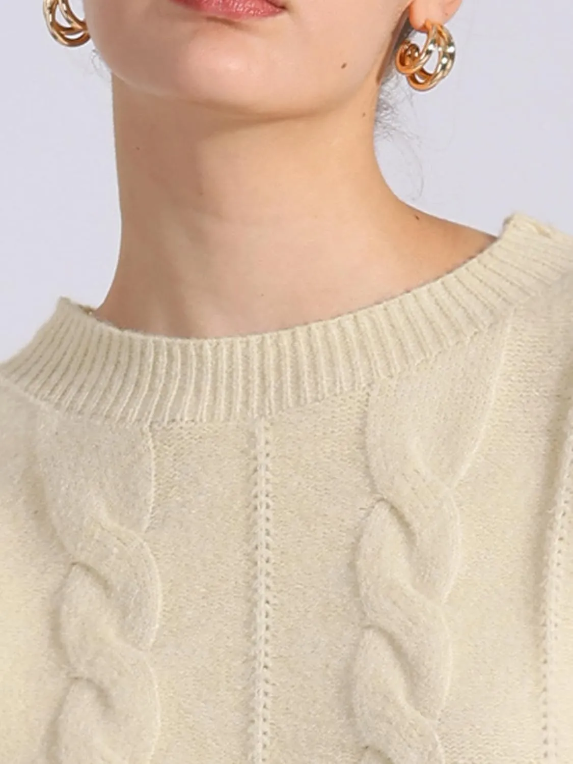 Allegra K Women's Long Sleeve Pullover Tops Cable Knit Crew Neck Sweater