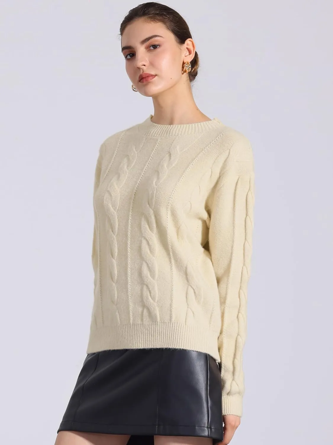 Allegra K Women's Long Sleeve Pullover Tops Cable Knit Crew Neck Sweater
