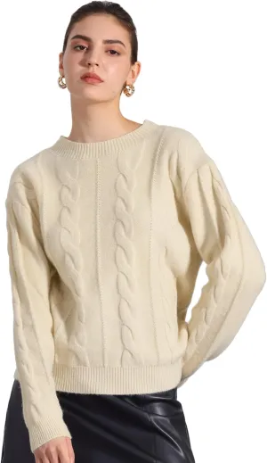 Allegra K Women's Long Sleeve Pullover Tops Cable Knit Crew Neck Sweater