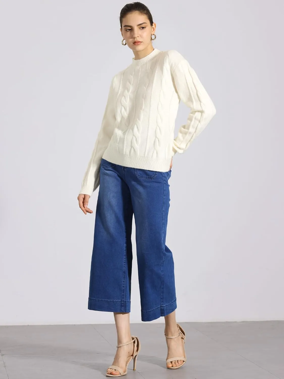 Allegra K Women's Long Sleeve Pullover Tops Cable Knit Crew Neck Sweater