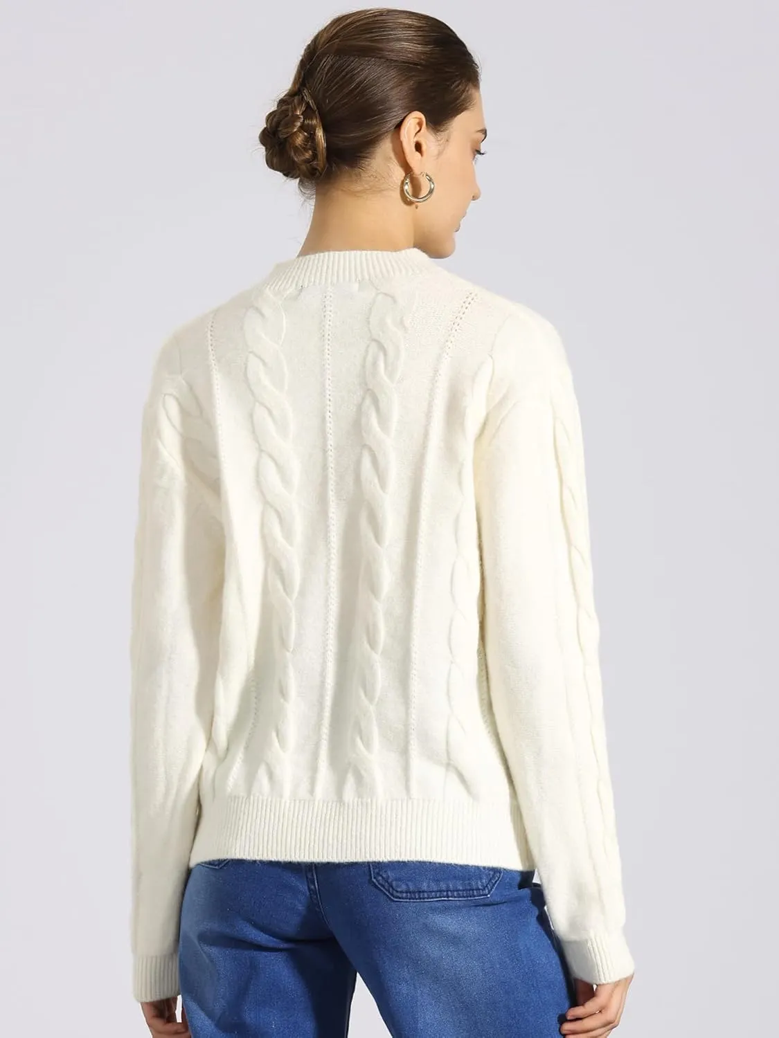 Allegra K Women's Long Sleeve Pullover Tops Cable Knit Crew Neck Sweater
