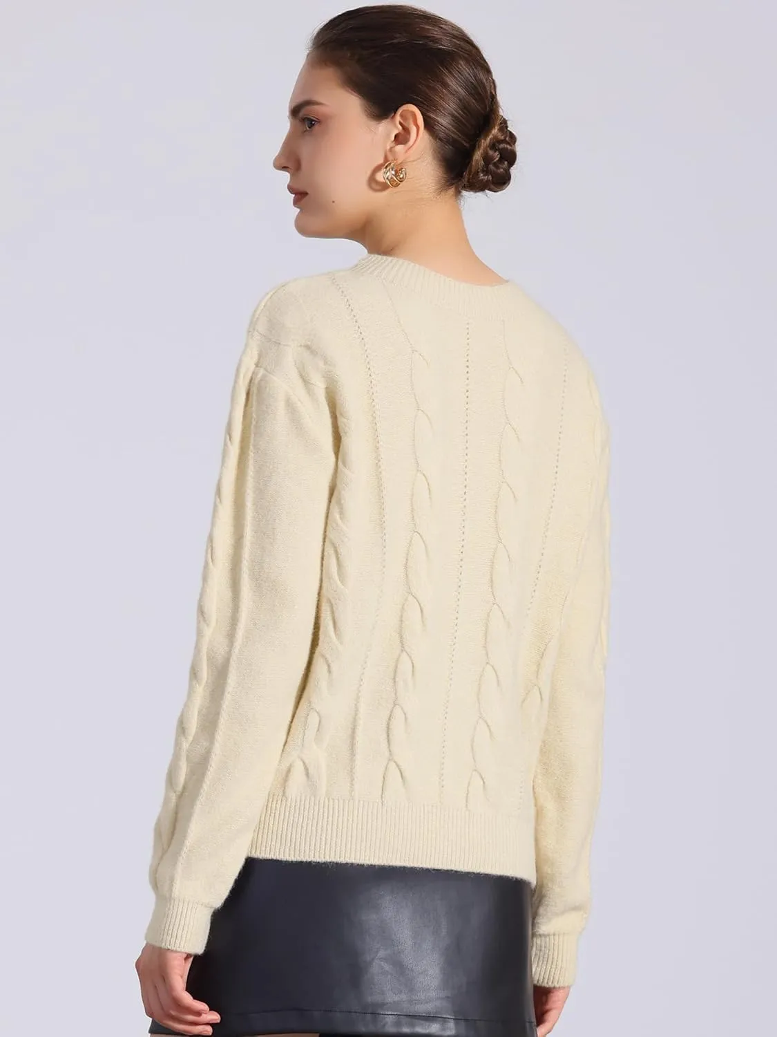 Allegra K Women's Long Sleeve Pullover Tops Cable Knit Crew Neck Sweater