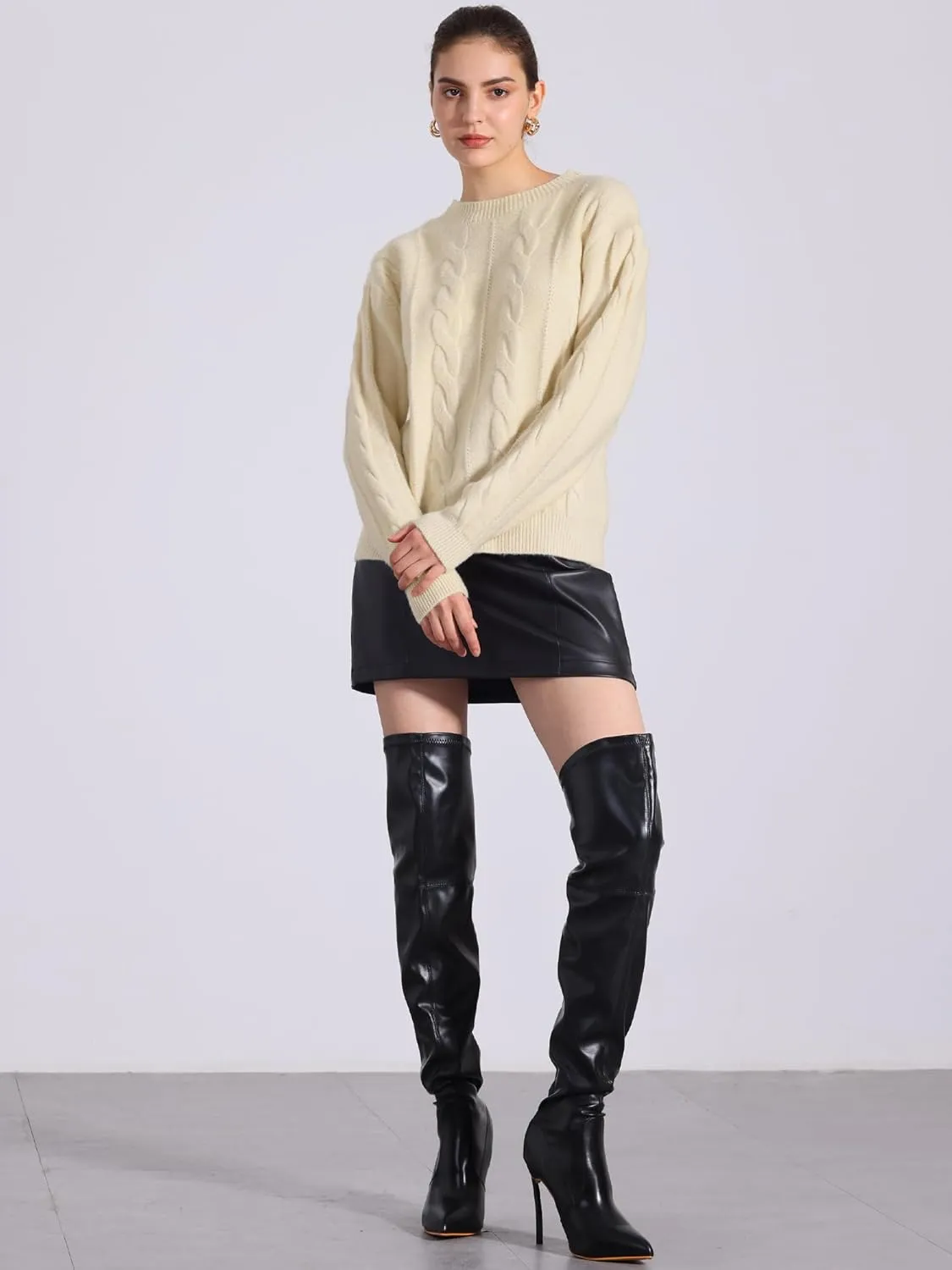Allegra K Women's Long Sleeve Pullover Tops Cable Knit Crew Neck Sweater