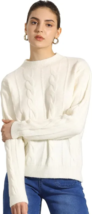 Allegra K Women's Long Sleeve Pullover Tops Cable Knit Crew Neck Sweater