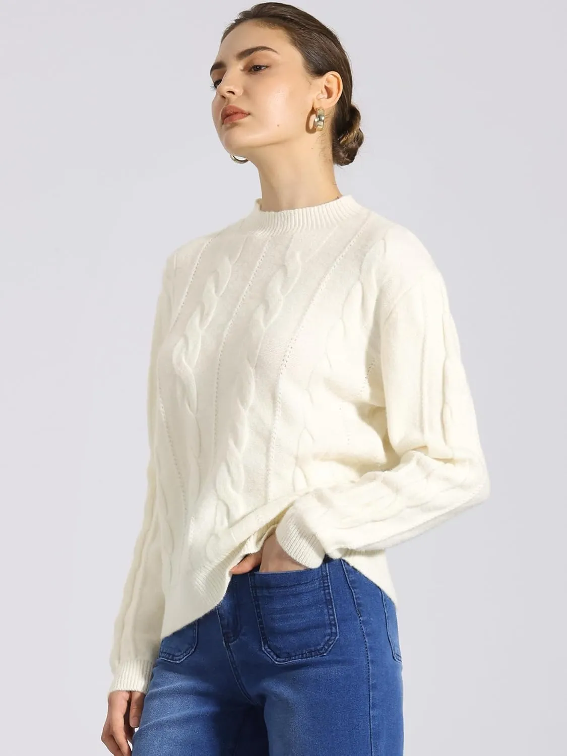 Allegra K Women's Long Sleeve Pullover Tops Cable Knit Crew Neck Sweater