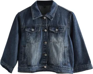 AMEBELLE Women's 3/4 Sleeve Strech Distress Slim Crop Denim Jean Trucker Jacket