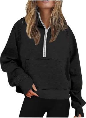 Aniywn Sweatshirts for Women Cropped Hoodies Half Zip Fleece Pullover Quarter Zipper Hoodies Outfits Clothes with Thumb Hole