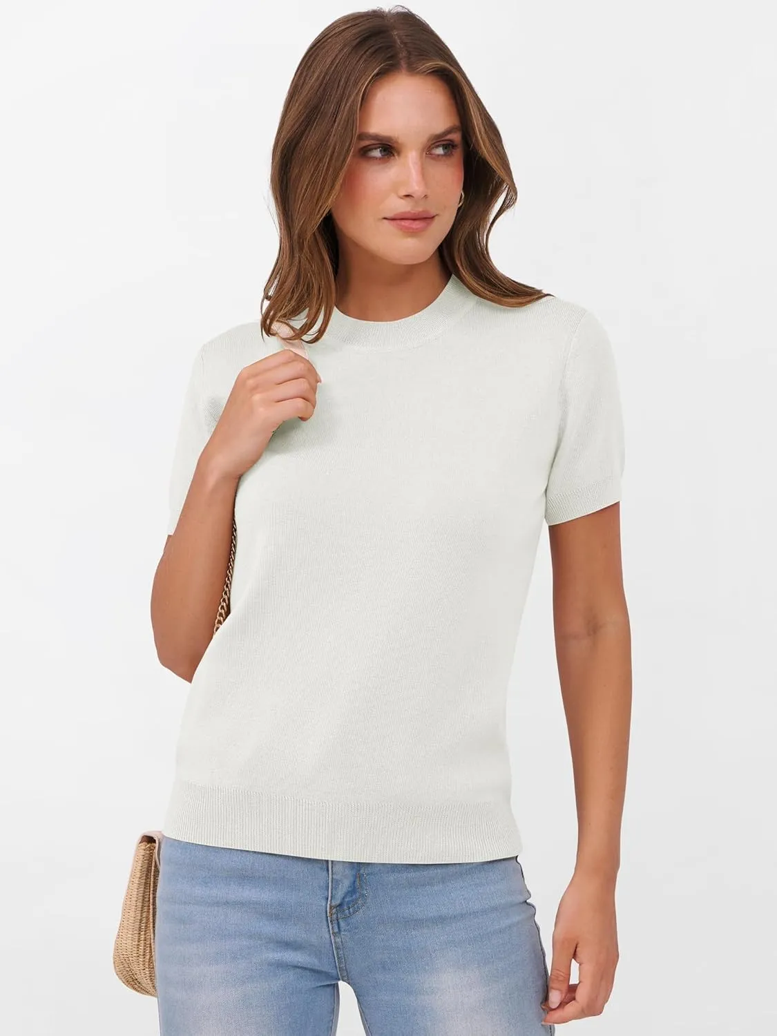 ANRABESS Womens Short Sleeve Sweaters Wool Blend Crew Neck Sweater Shirts Business Casual Work Tops 2025 Summer Outfits