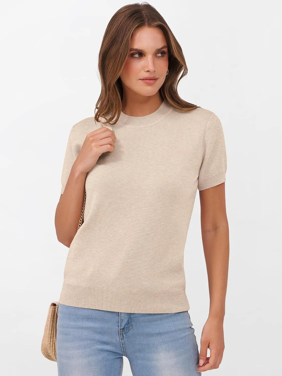 ANRABESS Womens Short Sleeve Sweaters Wool Blend Crew Neck Sweater Shirts Business Casual Work Tops 2025 Summer Outfits