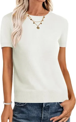 ANRABESS Womens Short Sleeve Sweaters Wool Blend Crew Neck Sweater Shirts Business Casual Work Tops 2025 Summer Outfits