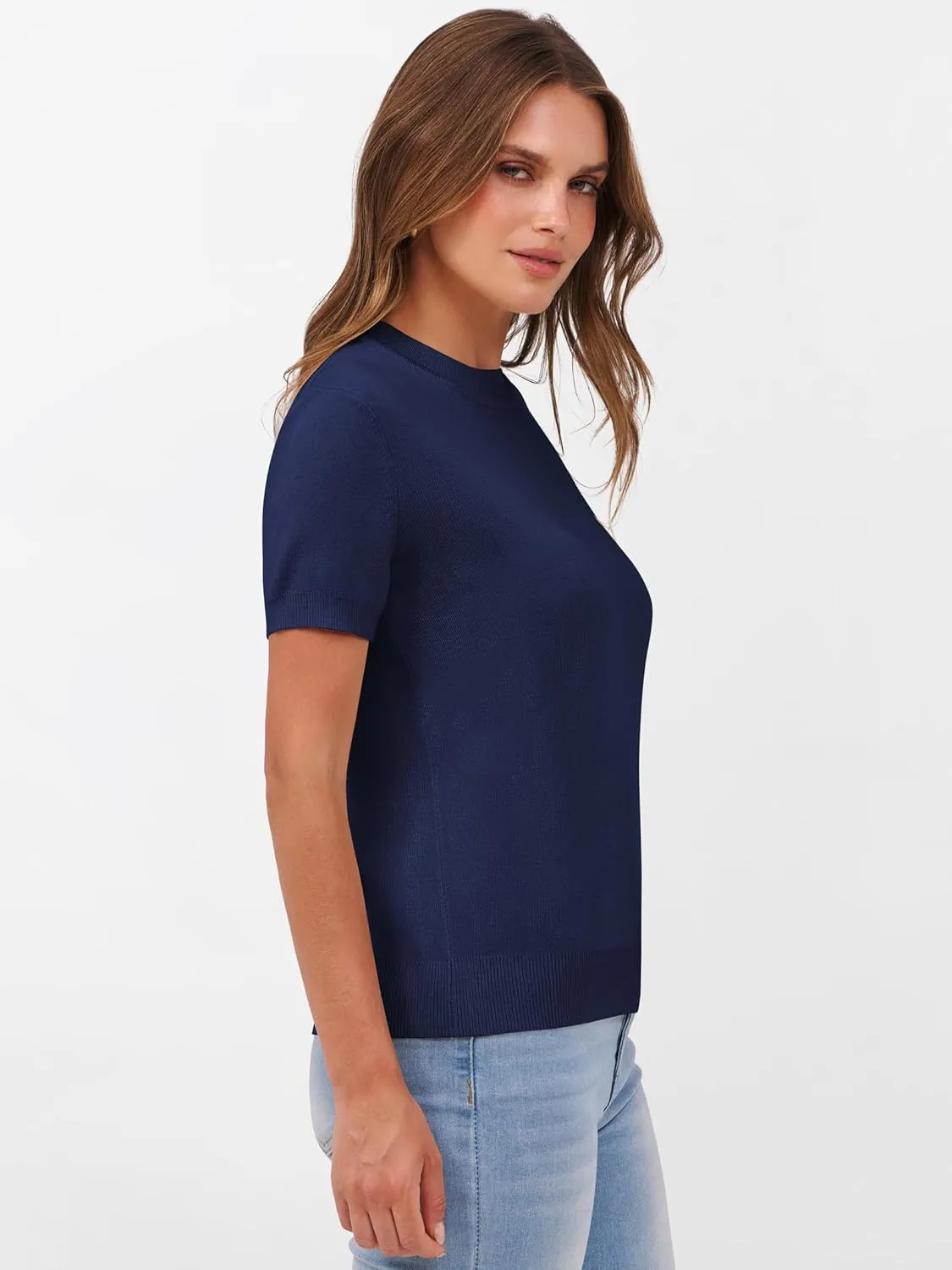 ANRABESS Womens Short Sleeve Sweaters Wool Blend Crew Neck Sweater Shirts Business Casual Work Tops 2025 Summer Outfits
