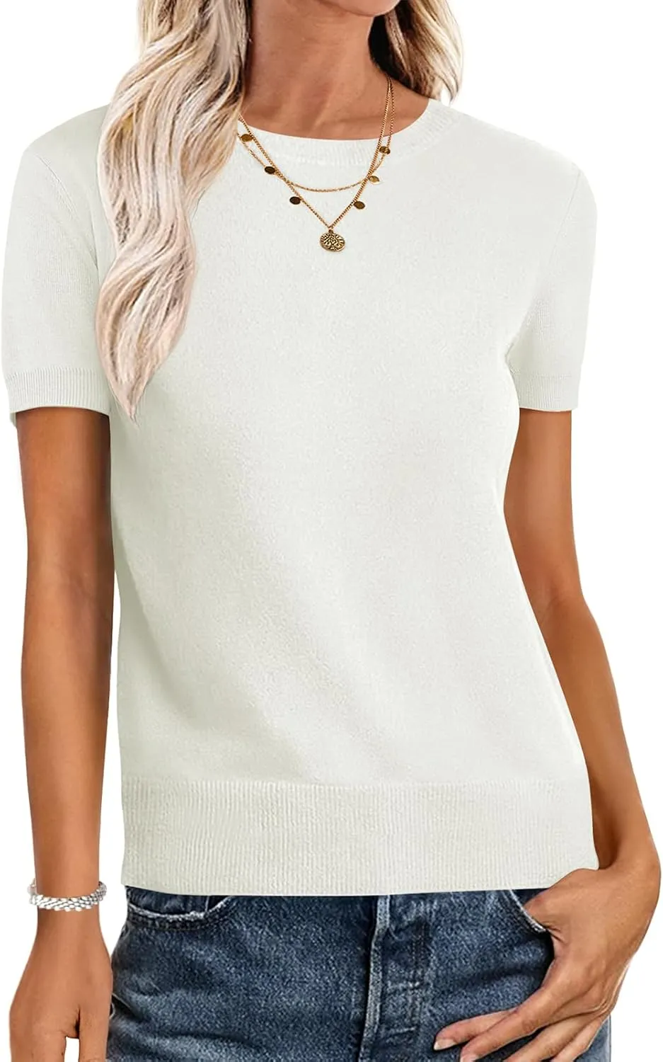 ANRABESS Womens Short Sleeve Sweaters Wool Blend Crew Neck Sweater Shirts Business Casual Work Tops 2025 Summer Outfits