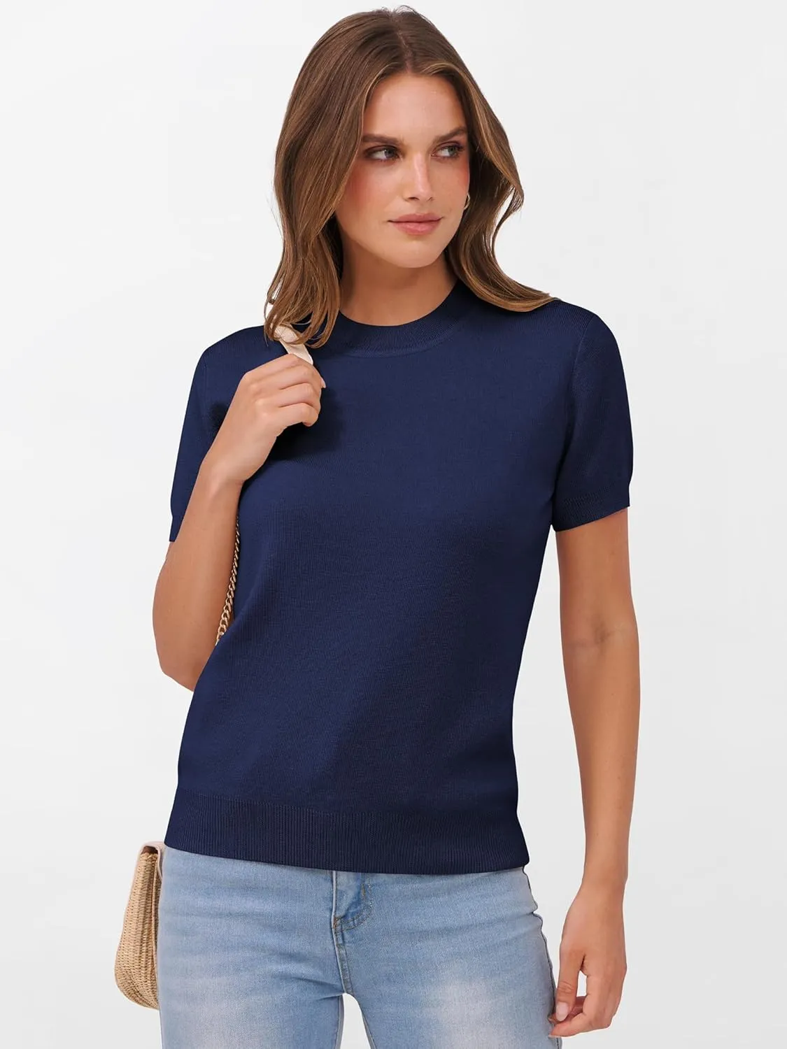 ANRABESS Womens Short Sleeve Sweaters Wool Blend Crew Neck Sweater Shirts Business Casual Work Tops 2025 Summer Outfits