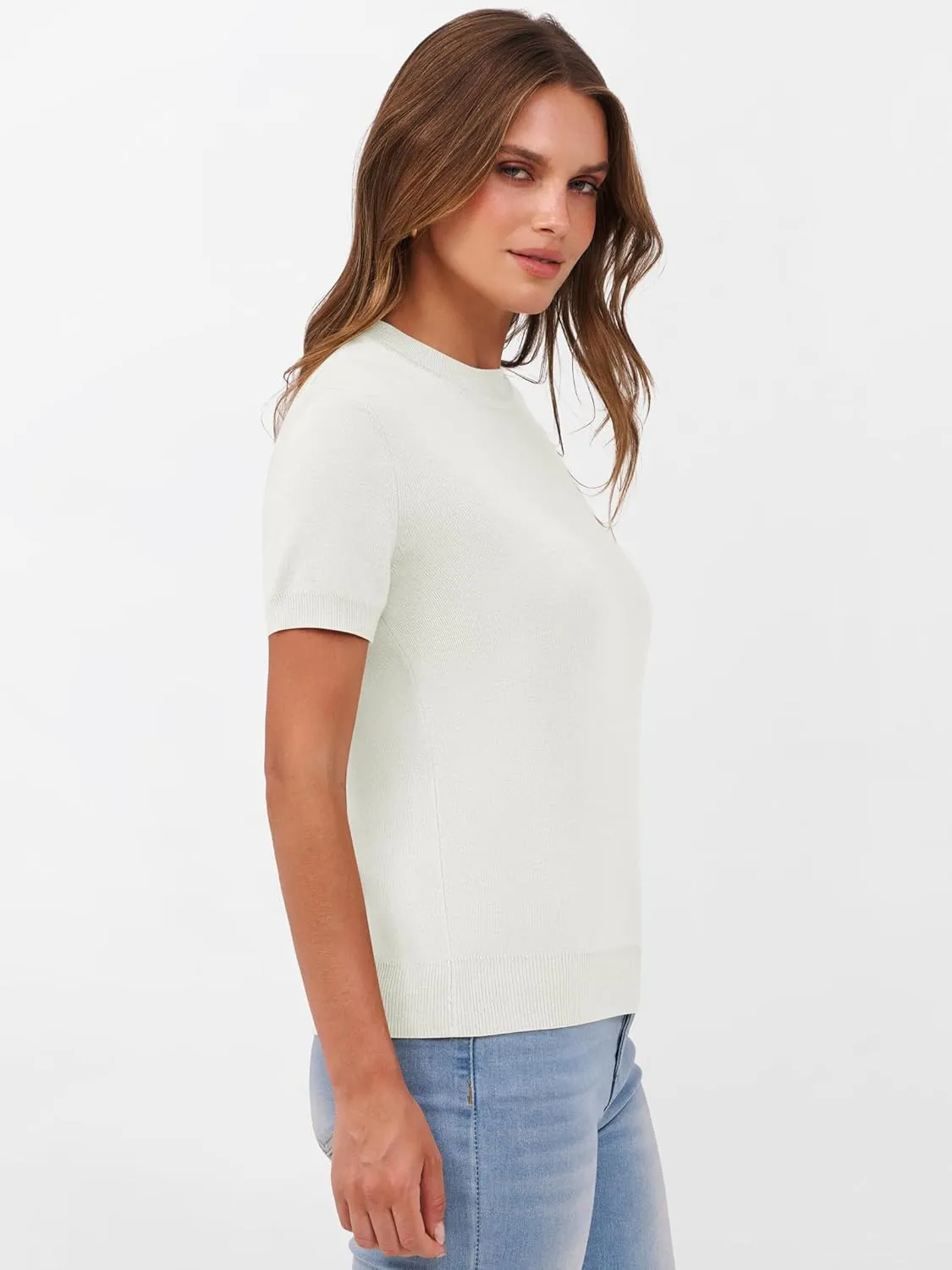 ANRABESS Womens Short Sleeve Sweaters Wool Blend Crew Neck Sweater Shirts Business Casual Work Tops 2025 Summer Outfits