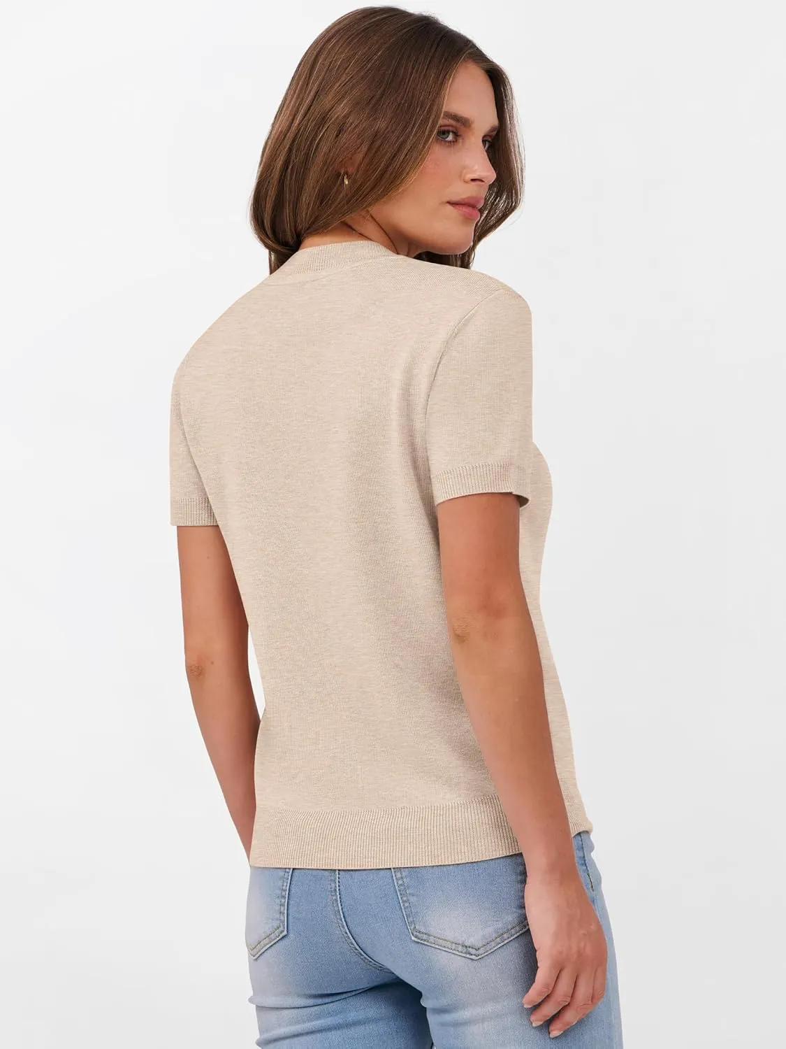 ANRABESS Womens Short Sleeve Sweaters Wool Blend Crew Neck Sweater Shirts Business Casual Work Tops 2025 Summer Outfits