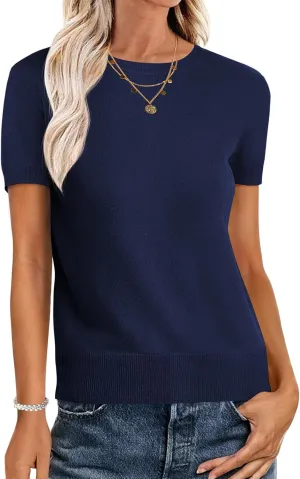 ANRABESS Womens Short Sleeve Sweaters Wool Blend Crew Neck Sweater Shirts Business Casual Work Tops 2025 Summer Outfits